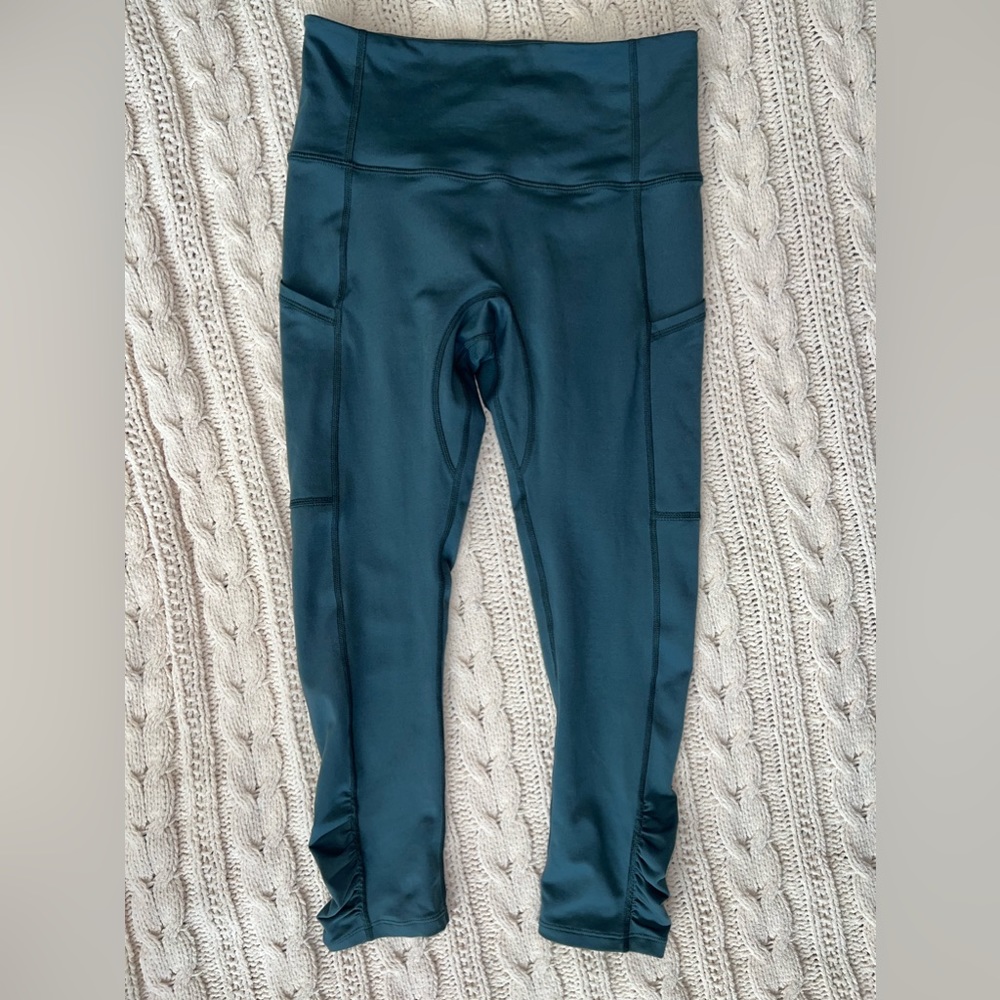 Free People Movement, XS/S, dark teal leggings with side pockets, cinched bottom